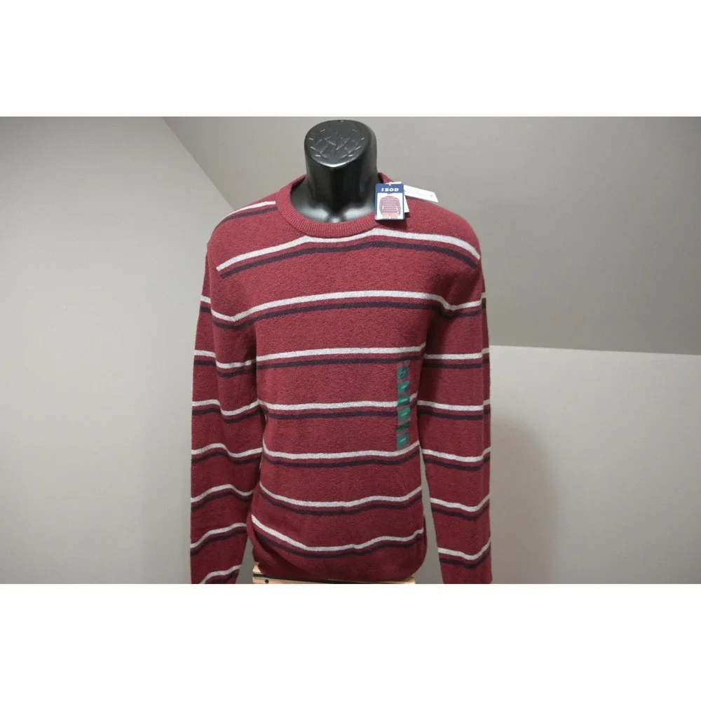Izod Sweater Mens Large‎ Burgundy Striped Crewneck Cotton Blend Casual NWT